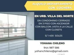 Alquilo departamento con cochera en Urb. Villa del Norte en 3 piso con ascensor,con balcon (en Condominio cerrado)