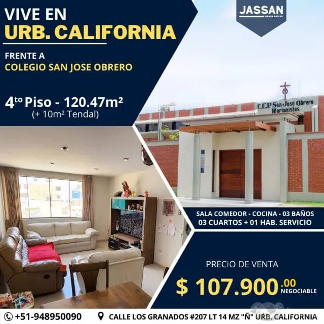 Urb. CALIFORNIA, Colegio. San Jose Obrero, Dpto 4to PISO - Area: 120.47m2 10m2 a US$ 107,900 NEGOCIABLE — foto 1