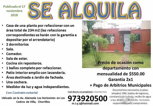 alquiler de casa de una planta en los cedros de villa — foto 1