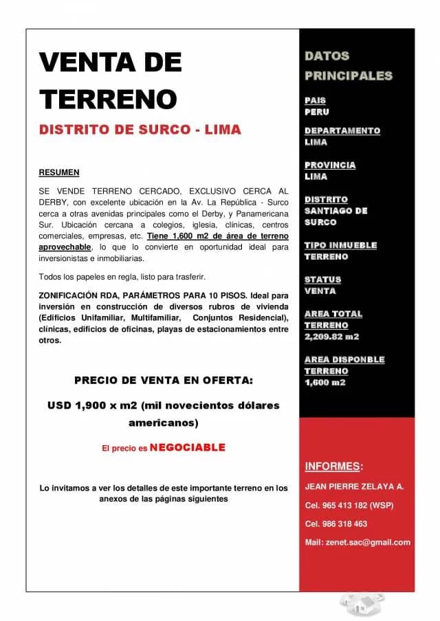 TERRENO EXCLUSIVO EN VENTA - SURCO — foto 1